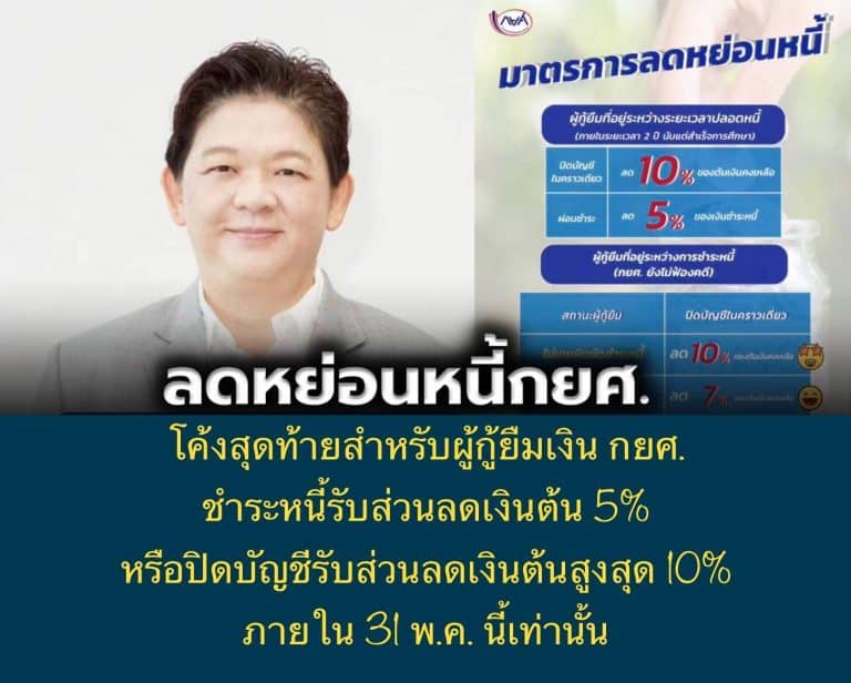 โค้งสุดท้ายสำหรับผู้กู้ยืมเงิน กยศ. ชำระหนี้รับส่วนลดเงินต้น 5% หรือปิดบัญชีรับส่วนลดเงินต้นสูงสุด 10% ภายใน 31 พ.ค. นี้เท่านั้น