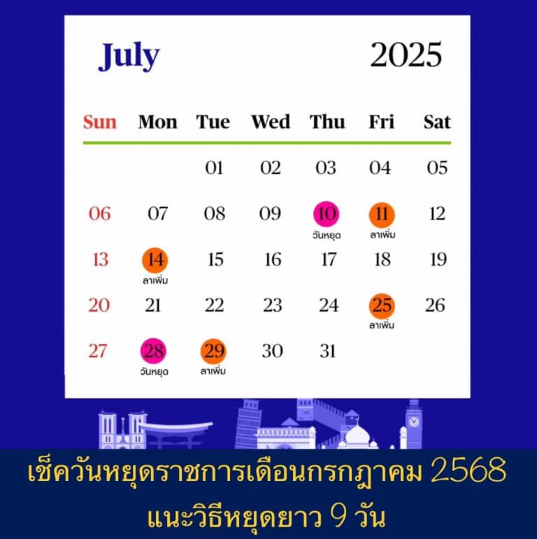 เช็ควันหยุดราชการเดือนกรกฎาคม 2568 แนะวิธีหยุดยาว 9 วัน