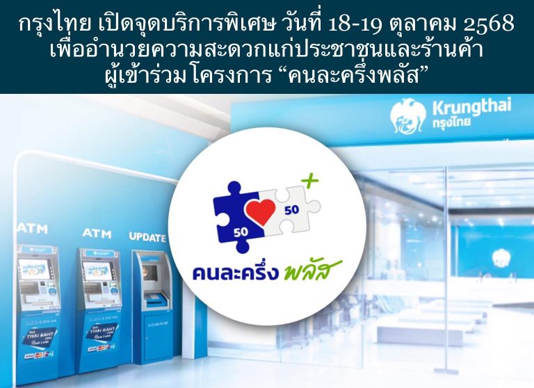 กรุงไทย เปิดจุดบริการพิเศษ วันที่ 18-19 ตุลาคม 2568 เพื่ออำนวยความสะดวกแก่ประชาชนและร้านค้า ผู้เข้าร่วมโครงการ “คนละครึ่งพลัส”