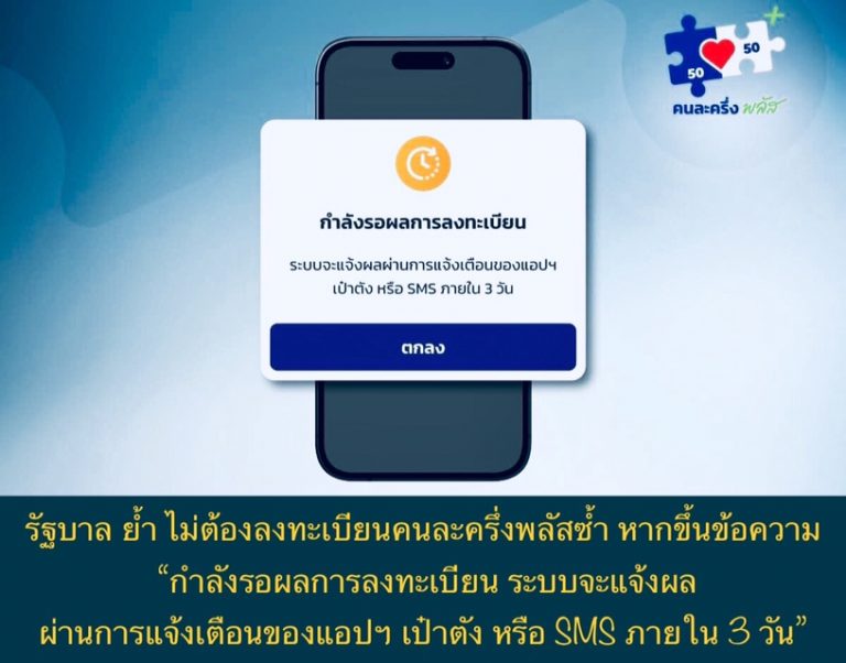 รัฐบาล ย้ำ ไม่ต้องลงทะเบียนคนละครึ่งพลัสซ้ำ หากขึ้นข้อความ “กำลังรอผลการลงทะเบียน ระบบจะแจ้งผลผ่านการแจ้งเตือนของแอปฯ เป๋าตัง หรือ SMS ภายใน 3 วัน”