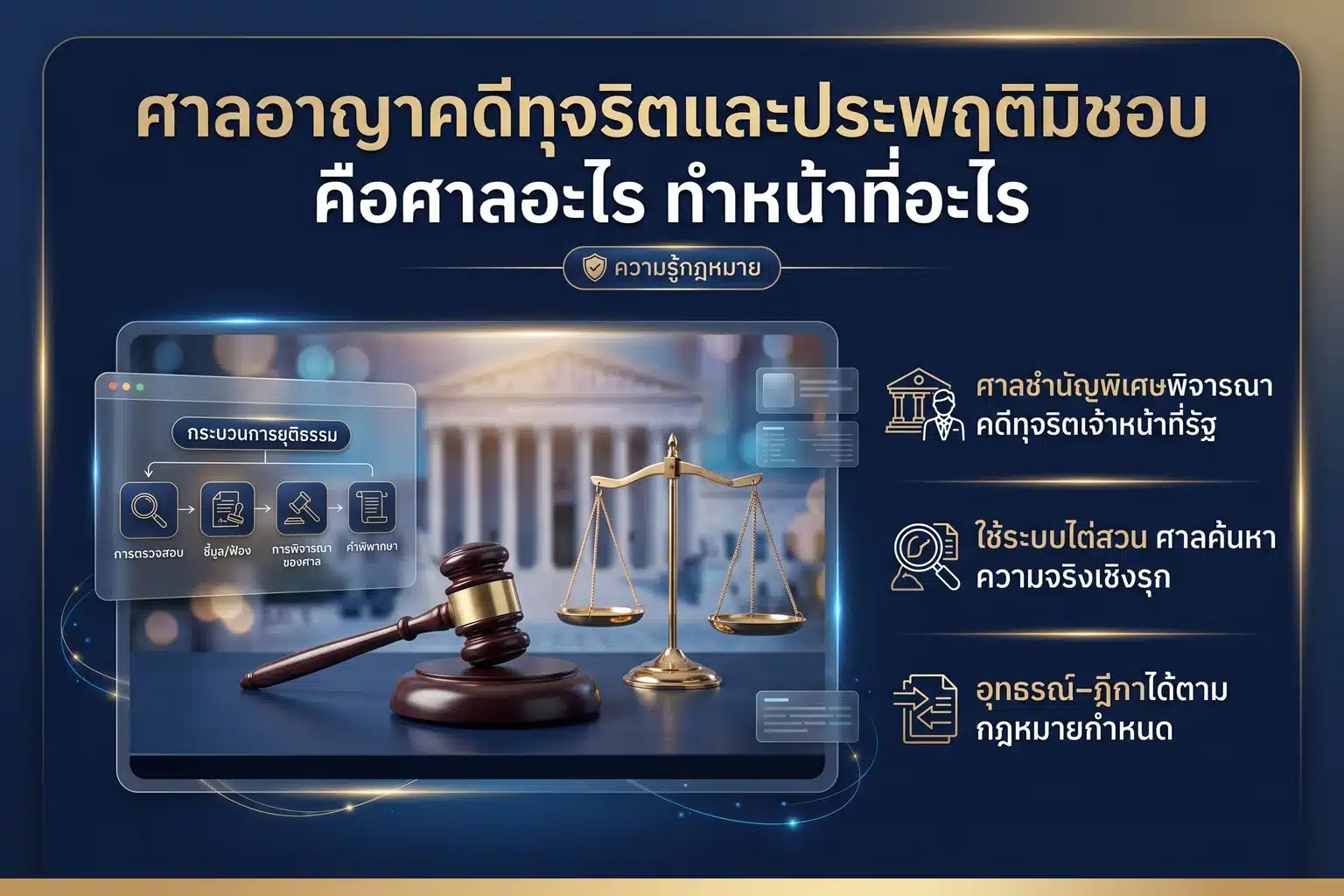 ภาพปกอินโฟกราฟิกบทความศาลอาญาคดีทุจริตและประพฤติมิชอบ แสดงค้อนผู้พิพากษาและตราชั่งความยุติธรรมโทนน้ำเงินทอง พร้อมพาดหัวและจุดเด่นสามข้อ