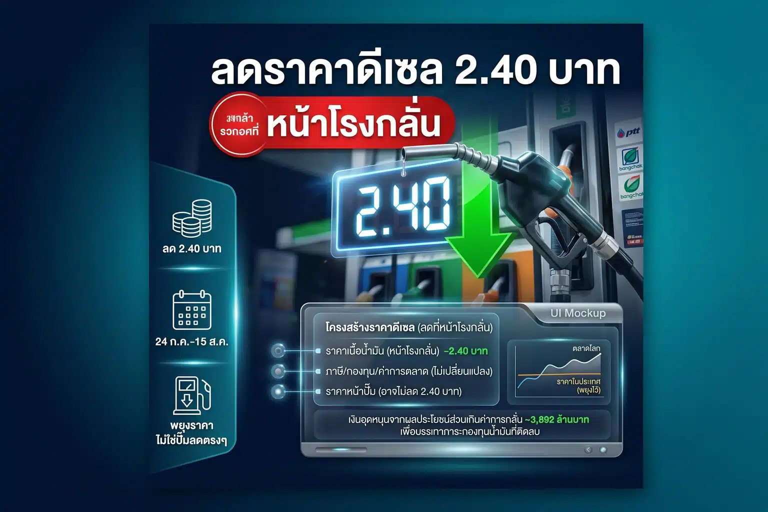 ภาพปกบทความลดราคาดีเซล 2.40 บาท หัวจ่ายน้ำมันดีเซลที่ปั๊มพร้อมป้ายราคาและลูกศรลง โทนน้ำเงินเขียว มีพาดหัวไทยและจุดเด่นมาตรการ