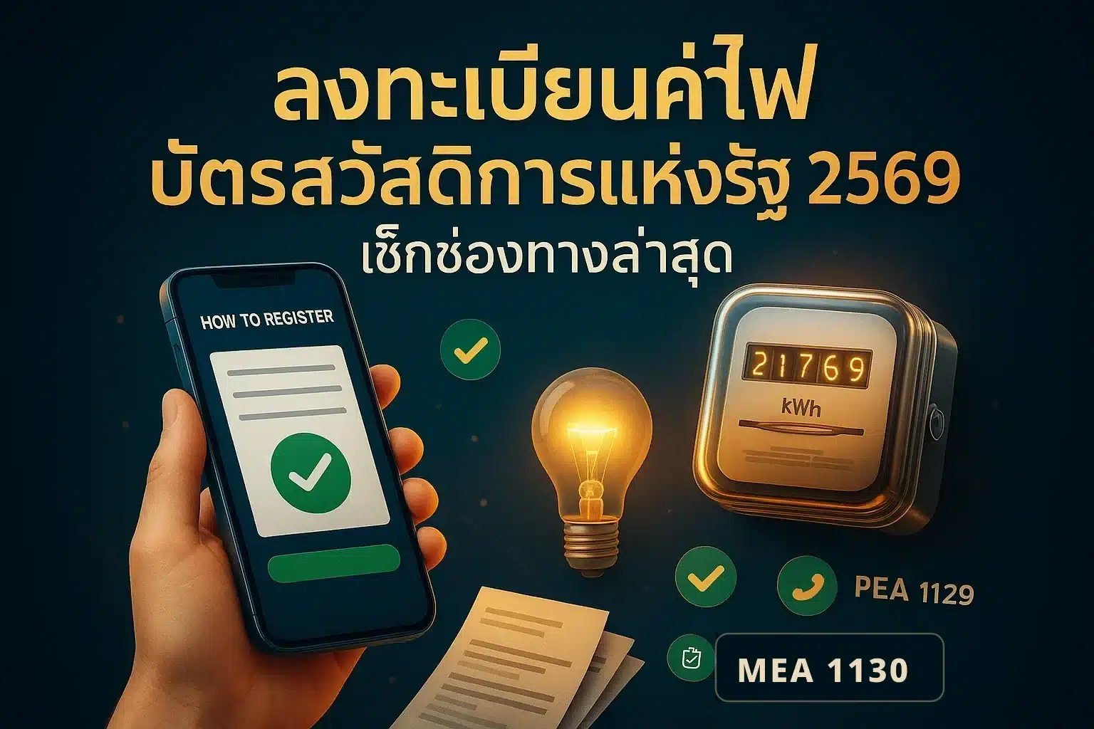 ภาพประกอบลงทะเบียนสิทธิค่าไฟ บัตรสวัสดิการแห่งรัฐ 2569 มือถือลงทะเบียนคู่กับมิเตอร์ไฟและบิลค่าไฟ พื้นหลังสีเข้มเต็มเฟรม