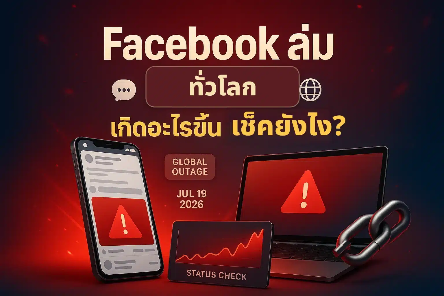 ภาพประกอบข่าว Facebook ล่มทั่วโลก 19 กรกฎาคม 2026 หน้าจอมือถือและโน้ตบุ๊กขึ้นสัญลักษณ์ข้อผิดพลาดสีแดงและไอคอนแชทขาดการเชื่อมต่อ พื้นหลังเป็นแผนที่โลกเส้นเชื่อมต่อขาดสี โทนกราฟิกข่าวด่วน
