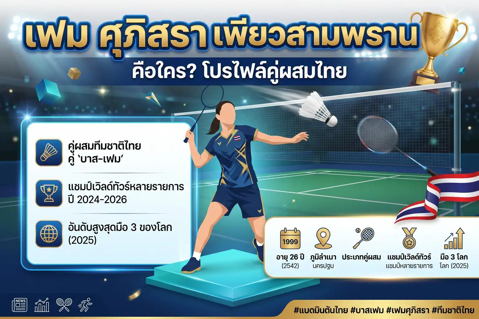 อินโฟกราฟิกโปรไฟล์เฟม ศุภิสรา เพียวสามพราน นักแบดมินตันคู่ผสมทีมชาติไทย พร้อมพาดหัวชื่อ ผลงานเด่น 3 ข้อ ภาพคอร์ตแบดมินตัน ลูกขนไก่ แร็กเกต และถ้วยรางวัล