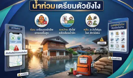 ปกอินโฟกราฟิกคู่มือเตรียมตัวรับมือน้ำท่วม ก่อน ระหว่าง หลังน้ำลด