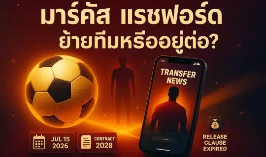 ภาพประกอบเชิงสัญลักษณ์ข่าวมาร์คัส แรชฟอร์ด ทางแยกย้ายทีมหรืออยู่ต่อ ลูกฟุตบอลทองและมือถือแสดงข่าวการย้ายทีม ไม่ใช่ภาพถ่ายจริง