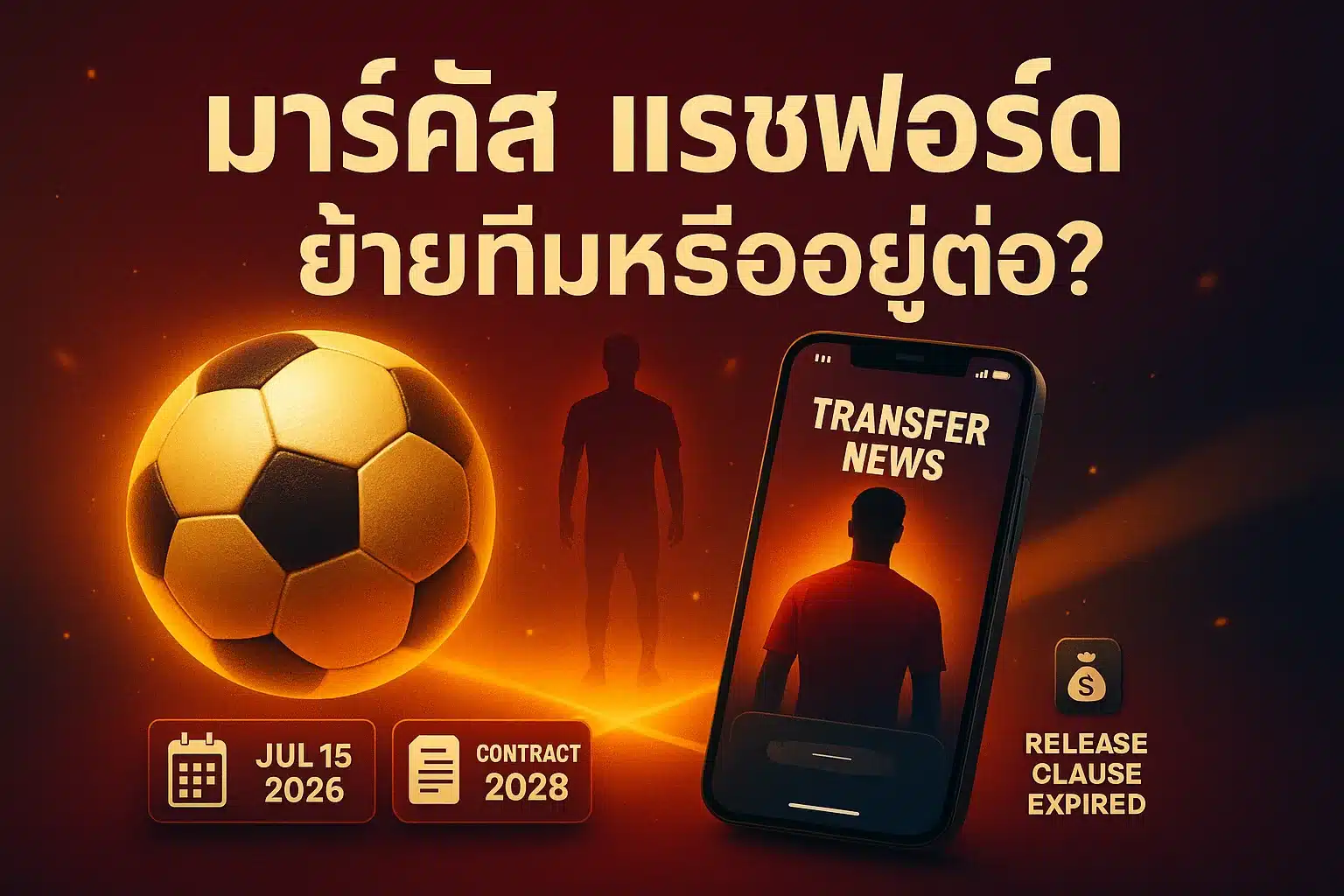 ภาพประกอบเชิงสัญลักษณ์ข่าวมาร์คัส แรชฟอร์ด ทางแยกย้ายทีมหรืออยู่ต่อ ลูกฟุตบอลทองและมือถือแสดงข่าวการย้ายทีม ไม่ใช่ภาพถ่ายจริง