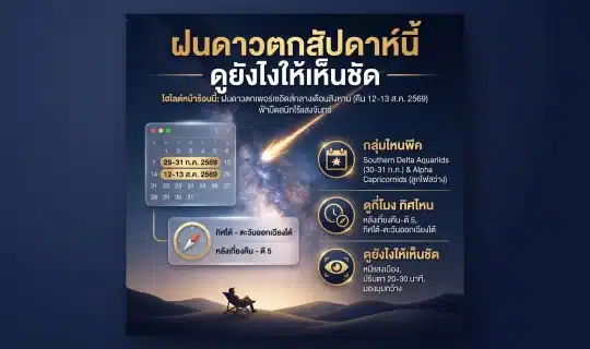 ปกบทความฝนดาวตกสัปดาห์นี้ ภาพท้องฟ้ากลางคืนมีดาวตกพาดผ่านทางช้างเผือก พร้อมพาดหัวและจุดเด่นการดูให้เห็นชัด