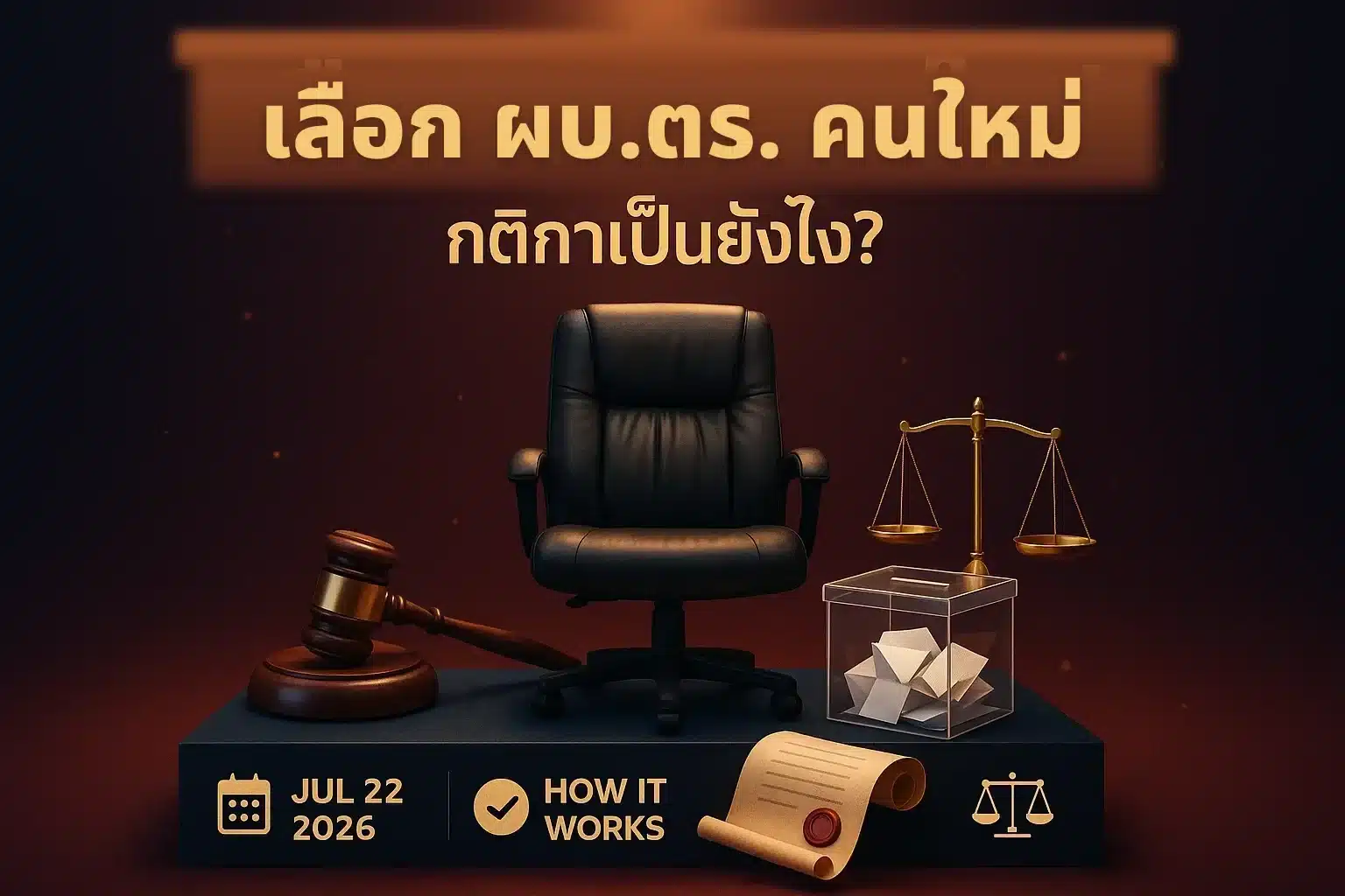 ภาพประกอบกติกาโหวต ผบ.ตร. คนใหม่ เก้าอี้ผู้บริหารและตาชั่งสัญลักษณ์กระบวนการคัดเลือกตามกฎหมาย
