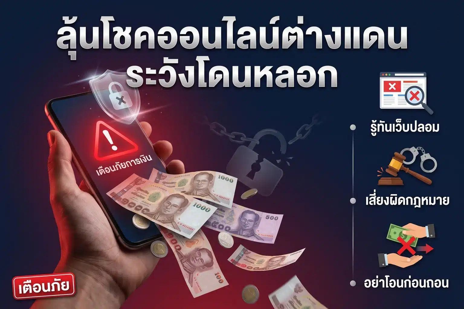 ภาพประกอบเตือนภัยแนวโปสเตอร์นิตยสาร มือถือหน้าจอขึ้นสัญลักษณ์เตือนสามเหลี่ยมสีแดง มีธนบัตรและเหรียญกำลังหลุดร่วงออกจากเครื่องสื่อถึงการถูกหลอกเอาเงิน มีโล่ป้องกันลอยอยู่เหนือมือถือ พร้อมพาดหัวภาษาไทยและแถบหัวข้อเตือนภัยสามข้อ พื้นหลังไล่สีนาวี-แดงทึบเต็มเฟรม