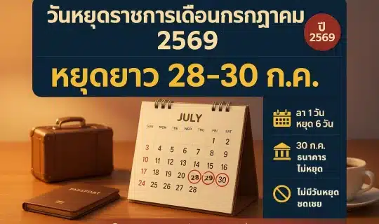 อินโฟกราฟิกสรุปวันหยุดราชการเดือนกรกฎาคม 2569 ปฏิทินวงวันที่ 28-30 ก.ค. พร้อมตารางเทียบราชการ ธนาคาร เอกชน และสูตรลา 1 วันได้หยุดยาว 6 วัน