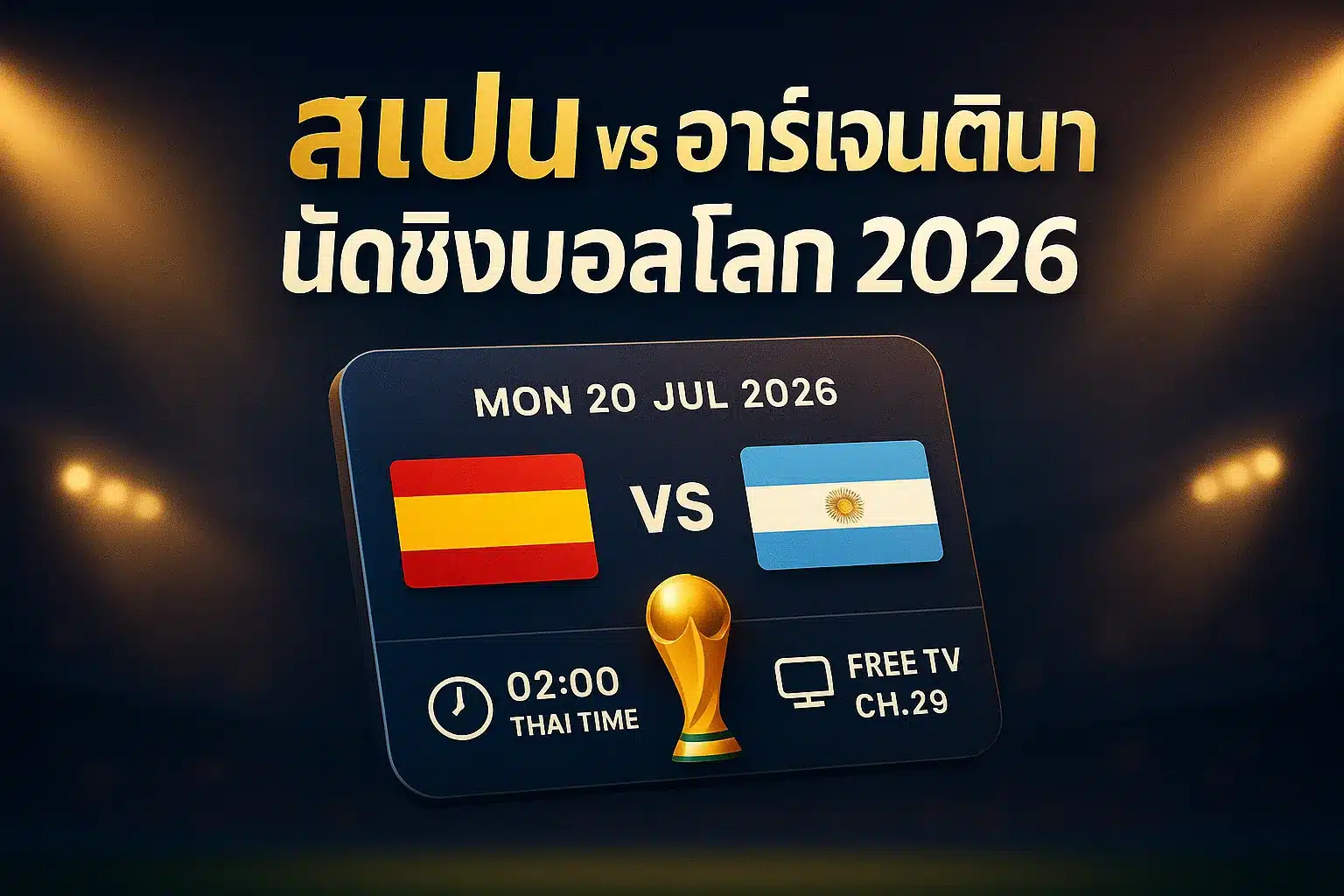 ภาพประกอบนัดชิงชนะเลิศฟุตบอลโลก 2026 สเปน พบ อาร์เจนตินา พื้นหลังสนามยามค่ำคืน บอกเวลาแข่ง 02:00 น. เวลาไทย และช่องดูฟรี