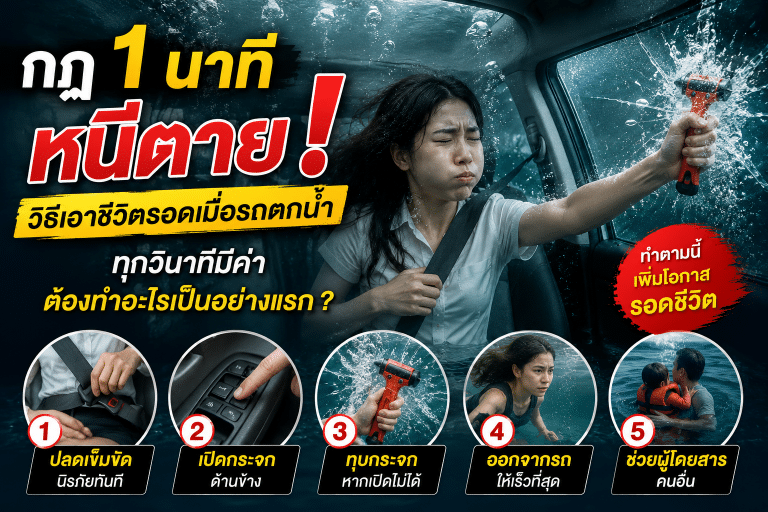 กฎ 1 นาทีหนีตาย ! วิธีเอาชีวิตรอดเมื่อรถตกน้ำ ทุกวินาทีมีค่า ต้องทำอะไรเป็นอย่างแรก ?