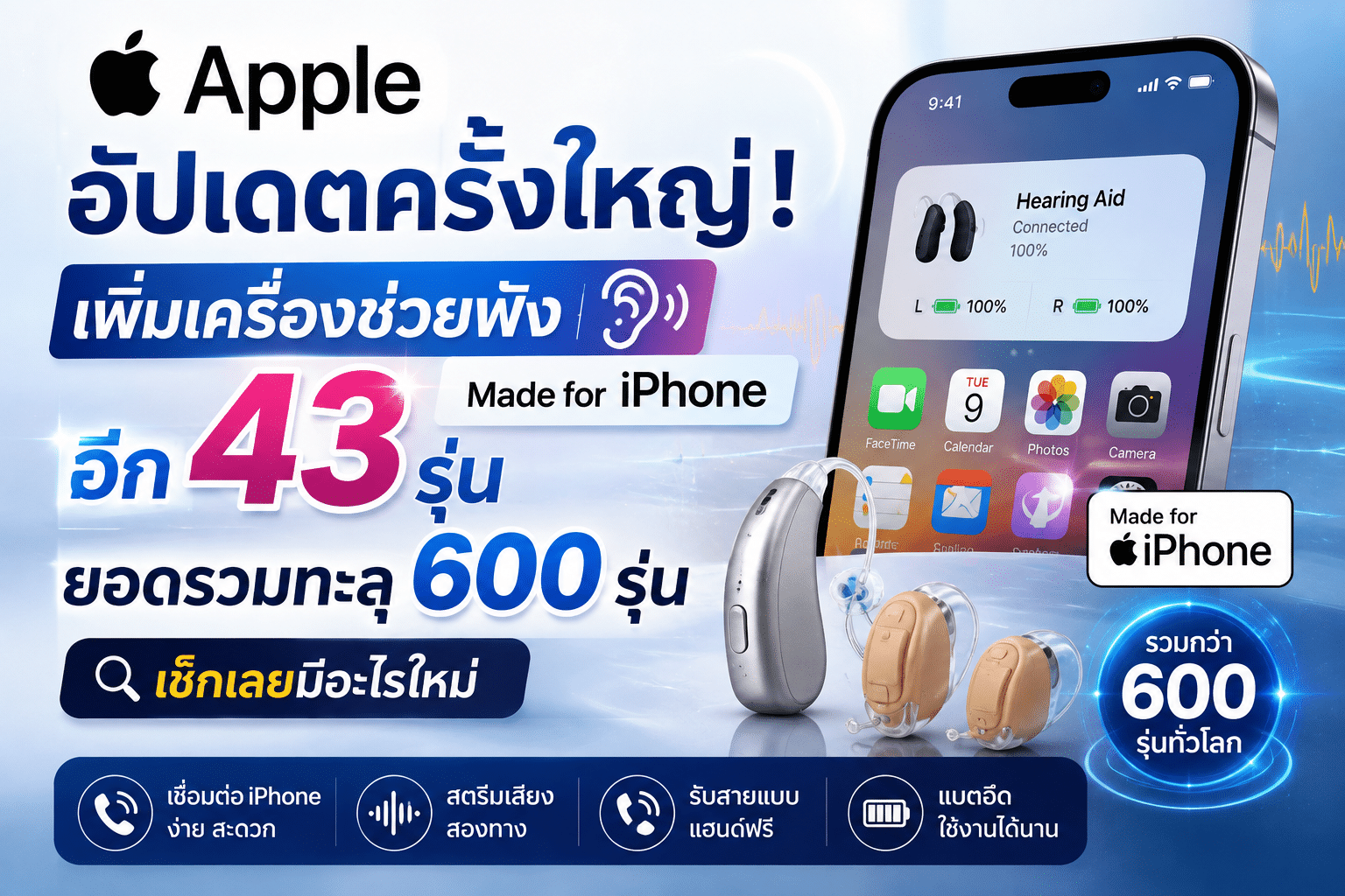 Apple อัปเดตครั้งใหญ่ ! เพิ่มเครื่องช่วยฟัง Made for iPhone อีก 43 รุ่น ยอดรวมทะลุ 600 รุ่น เช็กเลยมีอะไรใหม่
