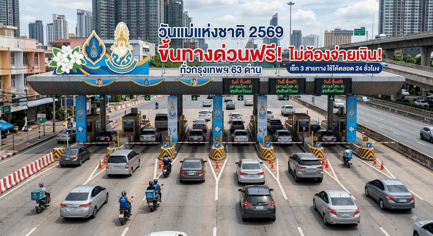 วันแม่แห่งชาติ 2569 ขึ้นทางด่วนฟรี ทั่วกรุงเทพฯ 63 ด่าน ไม่ต้องจ่ายเงิน!  เช็ก 3 สายทาง ใช้ได้ตลอด 24 ชั่วโมง