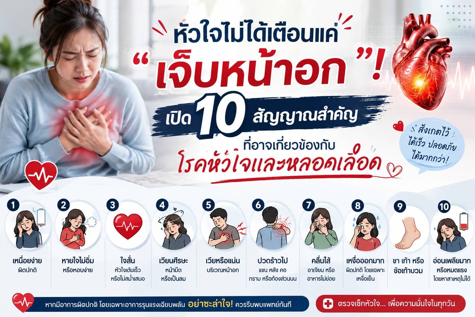 โรคหัวใจไม่ได้เตือนแค่ “เจ็บหน้าอก” !  เปิด 10 สัญญาณสำคัญที่อาจเกี่ยวข้องกับโรคหัวใจและหลอดเลือด