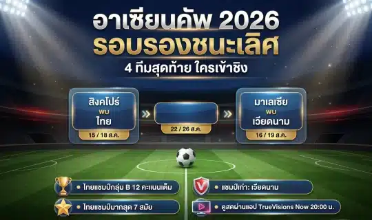 อินโฟกราฟิกอาเซียนคัพ 2026 รอบรองชนะเลิศ ภาพสนามฟุตบอลยามค่ำคืน พร้อมคู่ประกบ สิงคโปร์ พบ ไทย และ มาเลเซีย พบ เวียดนาม โปรแกรม 15-19 ส.ค. ข้อมูล ณ 9 ส.ค. 2026