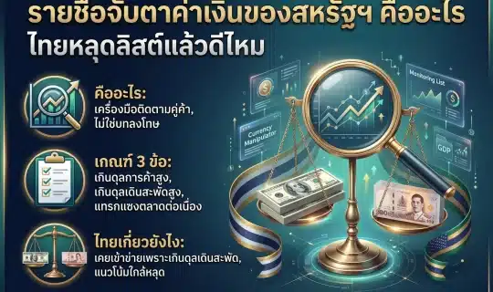 ปกอินโฟกราฟิกรายชื่อจับตาค่าเงินสหรัฐฯ ธนบัตรดอลลาร์และบาทกับตราชั่งและแว่นขยายส่องกราฟ
