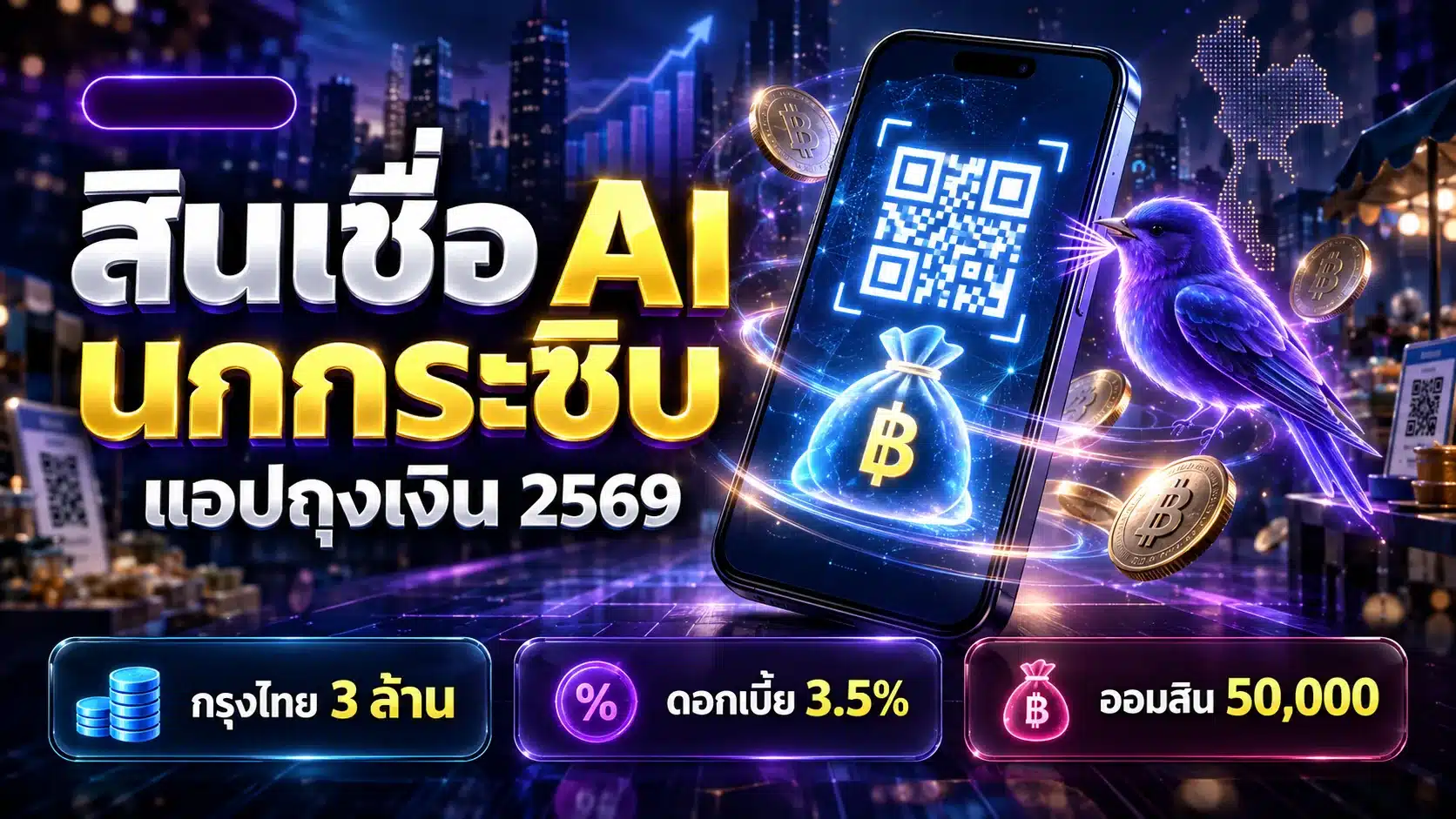 ภาพกราฟิกประกอบบทความสินเชื่อ AI นกกระซิบ บนแอปถุงเงิน โทนมืดนีออน แสดงสมาร์ทโฟนกับ QR code และป้ายวงเงินสินเชื่อ ไม่ใช่ภาพถ่ายเหตุการณ์จริง