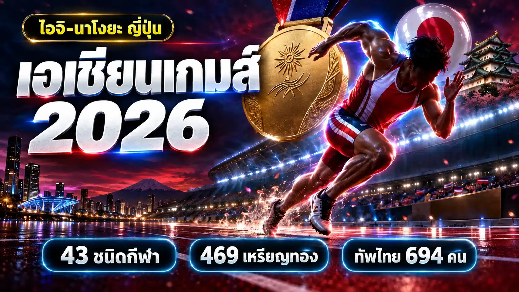ภาพกราฟิกประกอบบทความเอเชียนเกมส์ 2026 ที่ไอจิ-นาโงยะ แสดงนักกีฬาไทย เหรียญทอง และข้อมูล 43 ชนิดกีฬา 469 เหรียญทอง พร้อมทัพไทย 694 คน