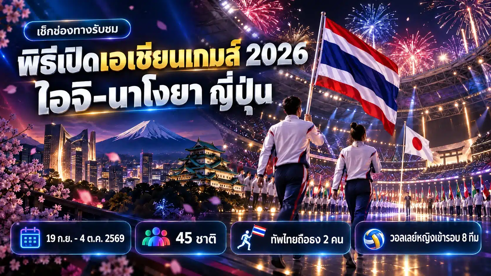 พิธีเปิดเอเชียนเกมส์ 2026 ที่ไอจิ-นาโงยา ญี่ปุ่น พร้อมนักกีฬาไทยถือธงชาติไทยเดินขบวนในสนามยามค่ำ
