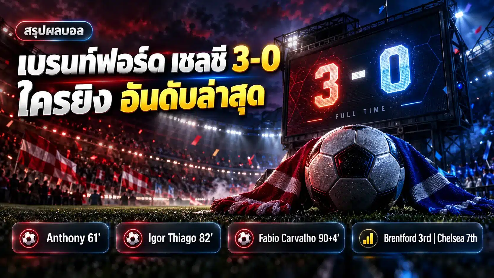 ภาพปกบทความ เบรนท์ฟอร์ด ชนะ เชลซี 3-0 สรุปผลบอลพรีเมียร์ลีก ใครยิง และอันดับล่าสุด