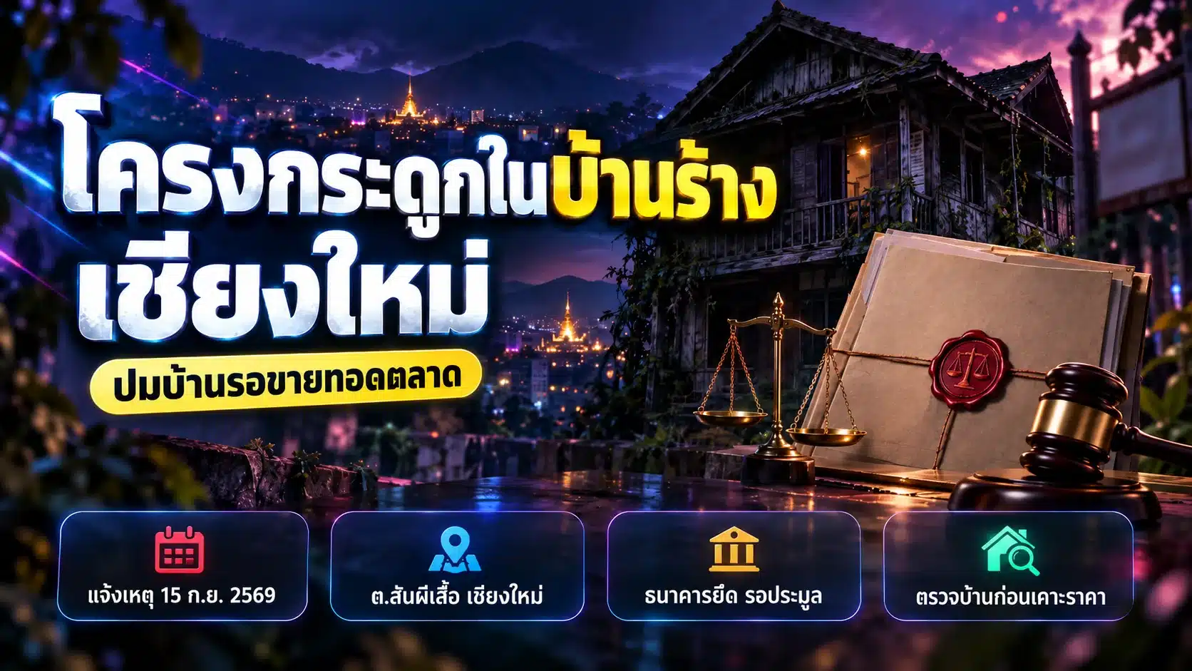 ภาพกราฟิกประกอบข่าวโครงกระดูก บ้านร้าง เชียงใหม่ ต.สันผีเสื้อ กับบ้านไม้เก่าและเอกสารขายทอดตลาดของกรมบังคับคดี (ภาพประกอบ ไม่ใช่ภาพเหตุการณ์จริง)