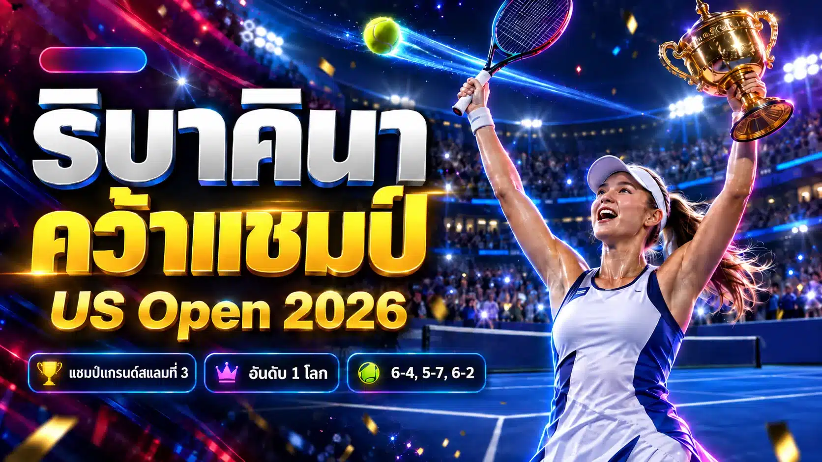 ภาพกราฟิกประกอบข่าว เอเลนา ริบาคินา นักเทนนิสหญิงชูไม้แร็กเกตและถ้วยรางวัลแชมป์ พร้อมข้อความแชมป์ US Open 2026 และสกอร์ 6-4, 5-7, 6-2 (เป็นภาพประกอบสร้างด้วยคอมพิวเตอร์ ไม่ใช่ภาพถ่ายเหตุการณ์จริง)