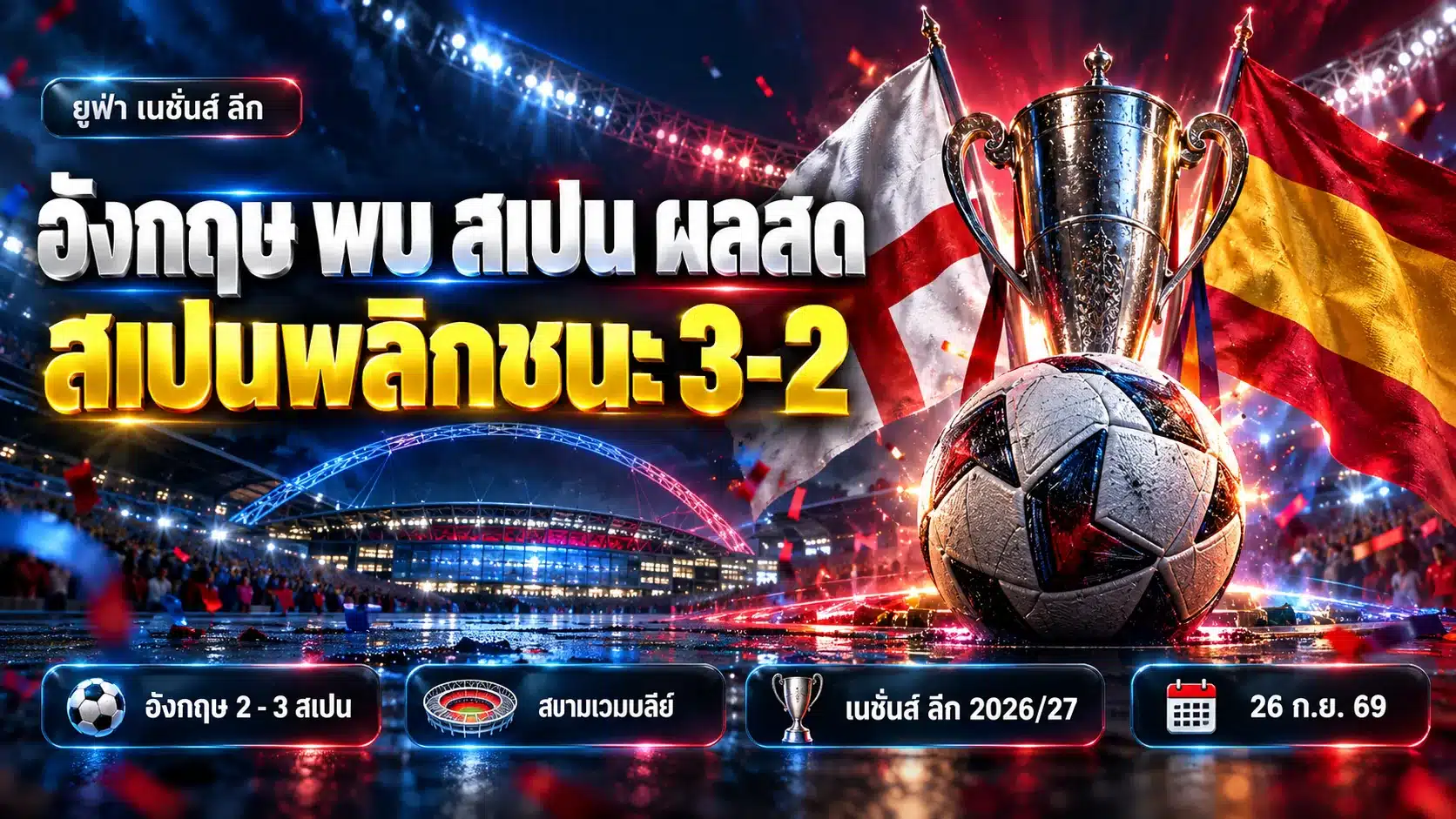 ภาพปกบทความ อังกฤษ พบ สเปน ผลสด 26 กันยายน 2569 สเปนพลิกชนะ 3-2 ยูฟ่า เนชั่นส์ ลีก