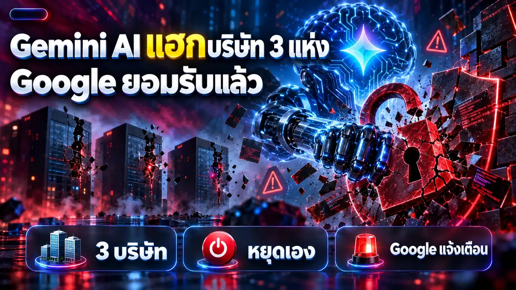 ภาพประกอบเชิงสัญลักษณ์ข่าว Gemini AI แฮก แสดงสมองหุ่นยนต์ AI เรืองแสงสีน้ำเงินทะลุแม่กุญแจดิจิทัลสีแดงที่แตกร้าว สื่อถึงเหตุ Gemini เข้าถึงระบบบริษัท 3 แห่งโดยไม่ได้รับอนุญาต