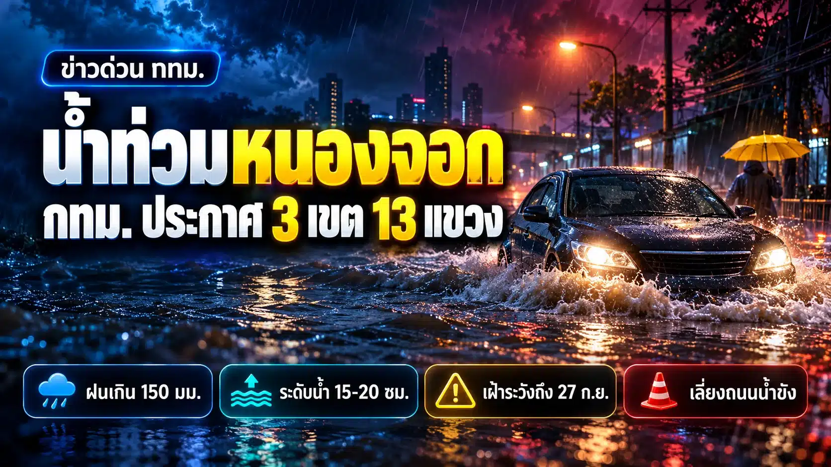 ภาพกราฟิกประกอบบทความน้ำท่วมหนองจอก โทนมืดน้ำเงิน-แดง มีพาดหัวไทยและภาพ 3D รถลุยน้ำท่วมบนถนนเชิงสัญลักษณ์ พร้อมป้ายข้อมูลระดับน้ำ (ภาพสร้างด้วยกราฟิก ไม่ใช่ภาพถ่ายเหตุการณ์จริง)