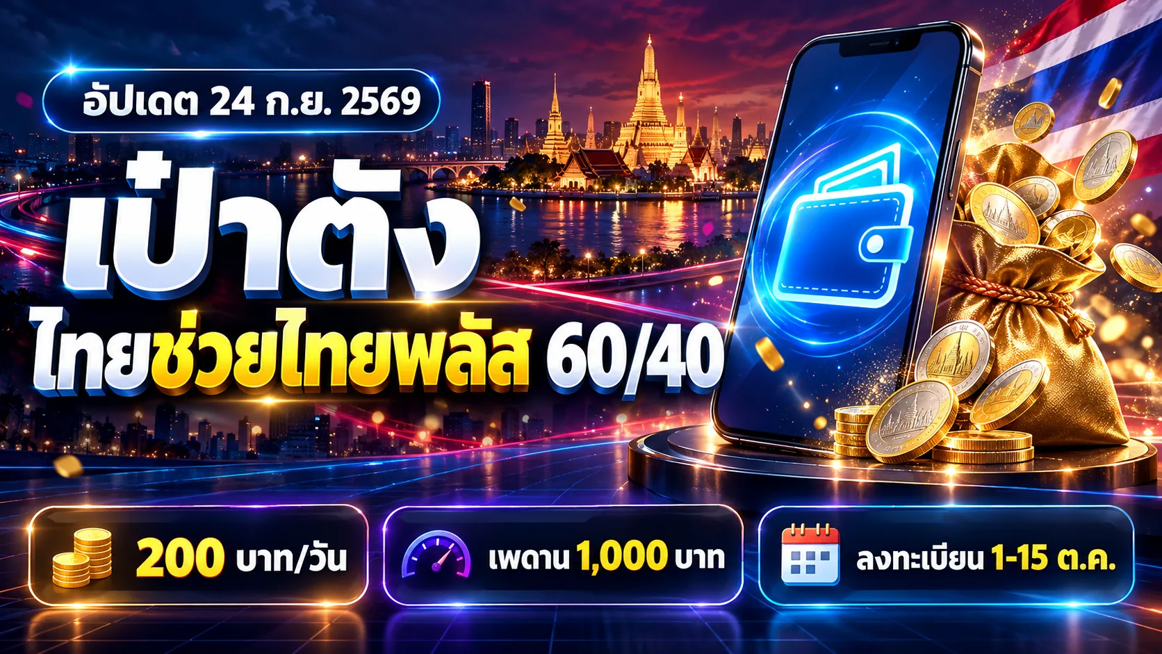 ภาพปกบทความเป๋าตัง แสดงมือถือแอปเป๋าตังและถุงเงิน พร้อมข้อความไทยช่วยไทยพลัส 60/40