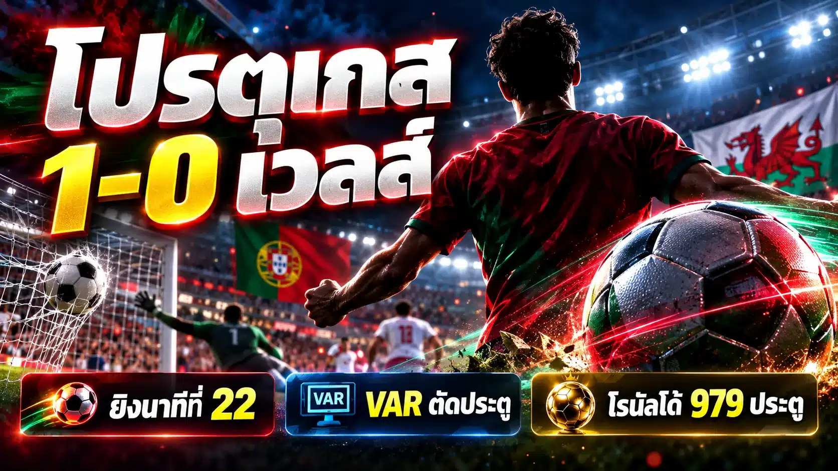 ภาพกราฟิกประกอบข่าวโทนมืด สรุปผล โปรตุเกส พบ เวลส์ 1-0 ในยูฟ่า เนชันส์ ลีก เอ กลุ่ม 4 พร้อมป้ายสถิติโรนัลโด้ 979 ประตู เป็นภาพประกอบเชิงสัญลักษณ์ ไม่ใช่ภาพถ่ายเหตุการณ์จริงในสนาม