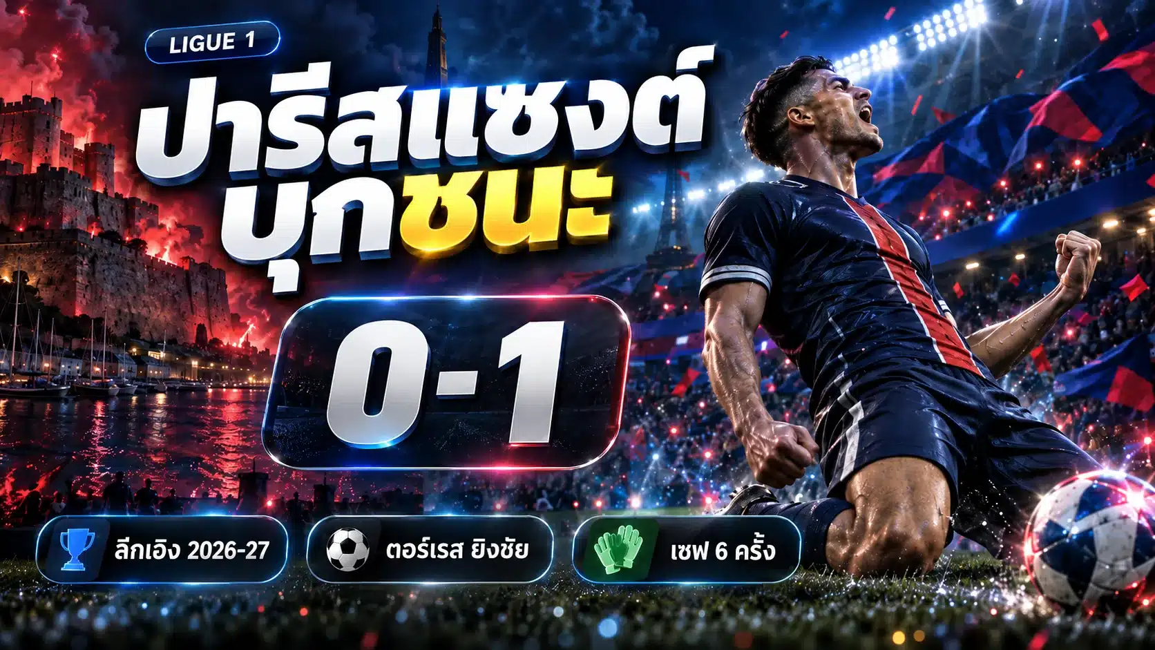 ภาพกราฟิกข่าวกีฬาโทนมืด นักฟุตบอลสไตล์ 3D ในชุดสีน้ำเงินแดงฉลองประตู พร้อมพาดหัวไทยเกี่ยวกับผลการแข่งขันของ ปารีสแซงต์ ในลีกเอิง 2026-27 และสกอร์ 0-1 (ภาพประกอบสร้างขึ้น ไม่ใช่ภาพถ่ายเหตุการณ์จริง)