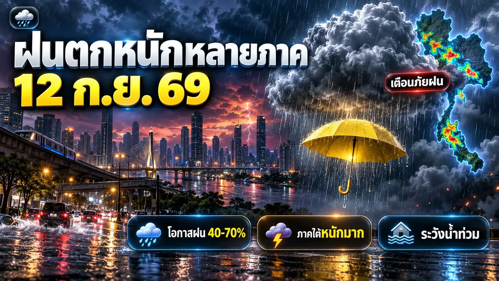 ภาพกราฟิกพยากรณ์ฝนตกหนักหลายภาค 12 กันยายน 2569 เมฆฝนและร่มบนฉากเมืองไทยพร้อมข้อความเตือนภัยฝน