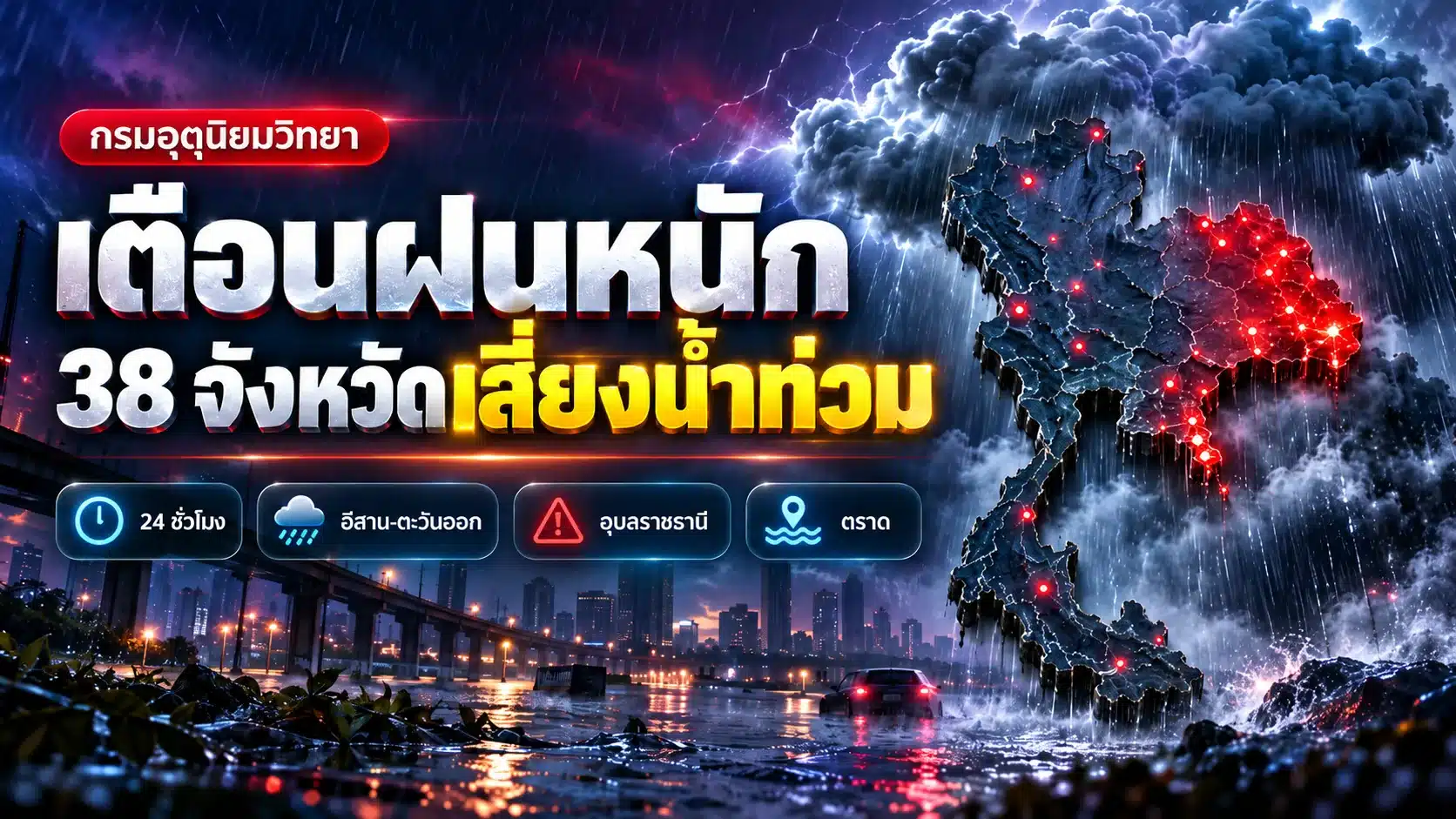 ภาพกราฟิกประกอบข่าวสภาพอากาศ โทนมืดน้ำเงิน-ม่วง แสดงเมฆฝนฟ้าคะนองสามมิติและแผนที่ประเทศไทยมีจุดเตือนภัยสีแดง พร้อมพาดหัวเตือนฝนหนัก 38 จังหวัด เสี่ยงน้ำท่วมฉับพลัน (ภาพกราฟิกจำลอง ไม่ใช่ภาพเหตุการณ์จริง)