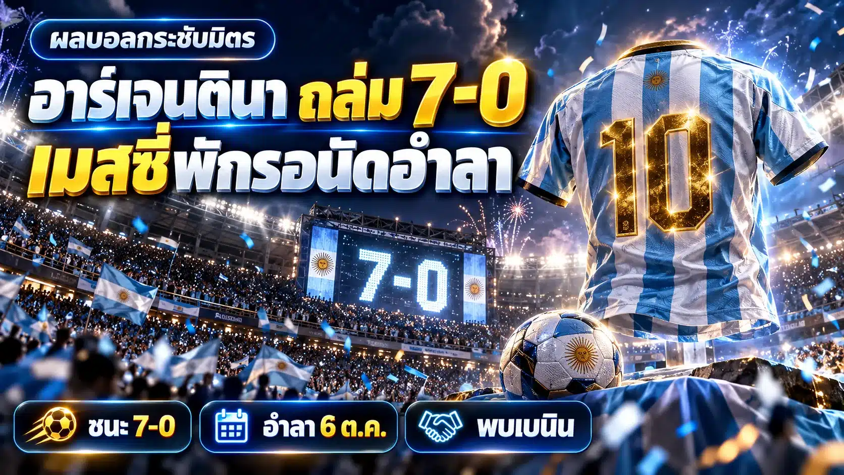 ภาพกราฟิกประกอบข่าว อาร์เจนตินา พบ บูร์กินาฟาโซ ผลสกอร์ 7-0 เป็นเสื้อเบอร์ 10 สีทองลอยกลางสนามฟุตบอลพร้อมคอนเฟตติสีฟ้า-ขาวและป้ายสกอร์ ไม่ใช่ภาพถ่ายจริง