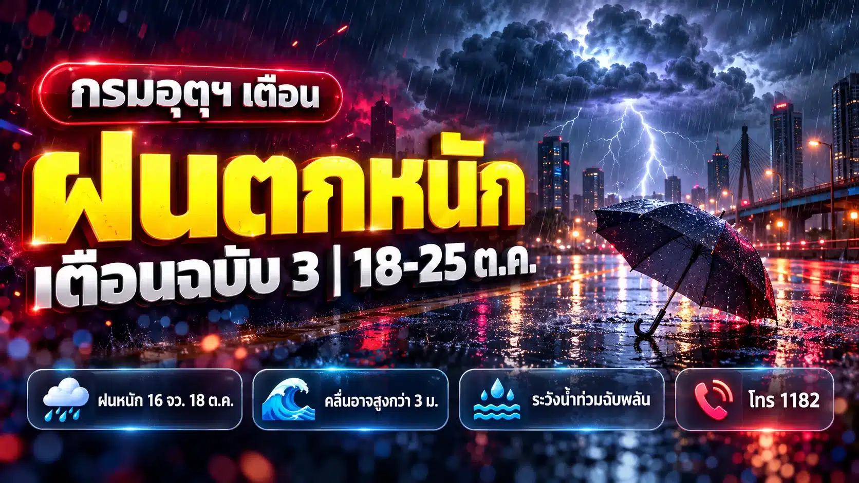 ฝนตกหนัก 18-25 ต.ค. 2569 จังหวัดไหนโดน? สรุปประกาศฉบับที่ 3