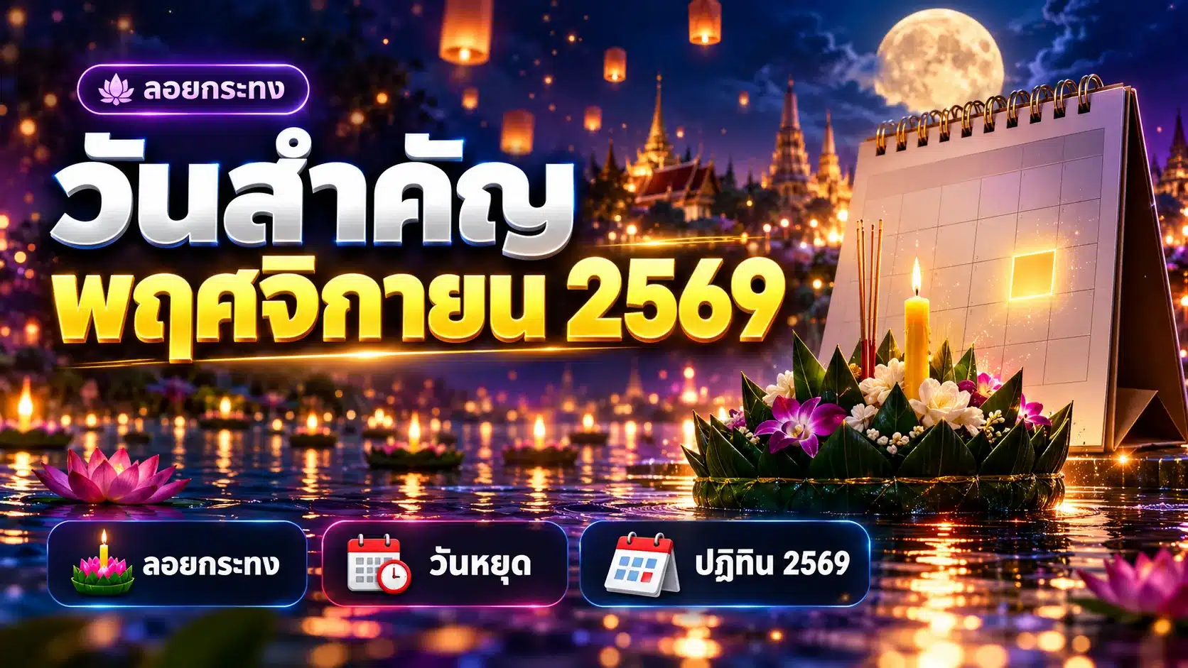 ภาพปกบทความ วันสำคัญเดือนพฤศจิกายน 2569 ลอยกระทงวันไหน วันหยุดมีอะไรบ้าง