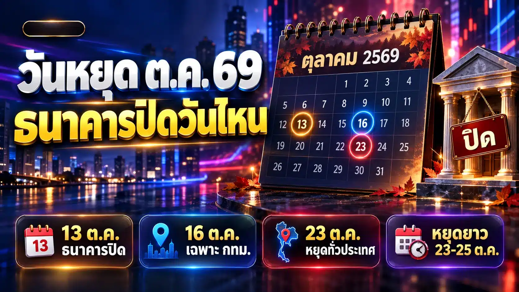 วันหยุดเดือนตุลาคม 2569 ปฏิทินไฮไลต์วันที่ 13, 16 และ 23 ต.ค. พร้อมสัญลักษณ์ธนาคารปิด