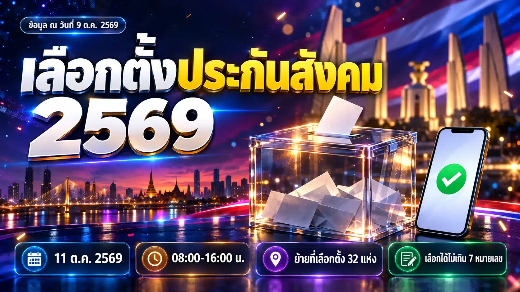 ภาพกราฟิกประกอบบทความเลือกตั้งประกันสังคม 2569 รูปหีบบัตรเลือกตั้ง 3 มิติบนพื้นโทนน้ำเงินม่วง พร้อมป้ายสรุปวันที่ 11 ต.ค. เวลา 08:00-16:00 น. และจำนวนสถานที่ที่ย้าย 32 แห่ง