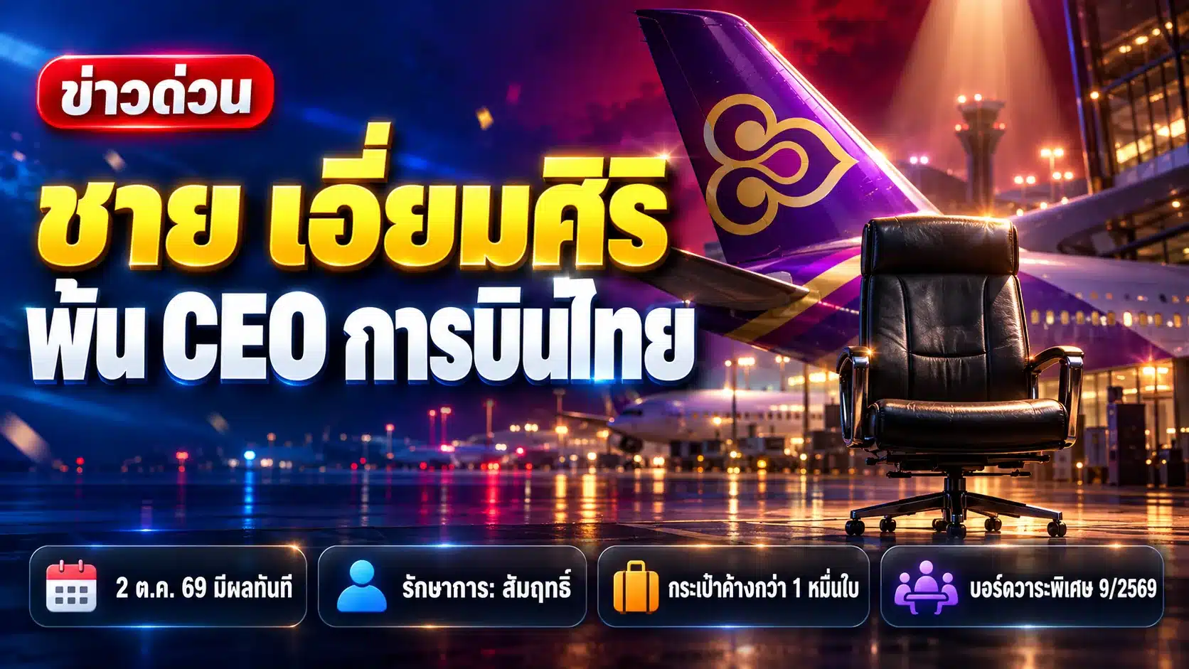 ภาพกราฟิกประกอบข่าว ชาย เอี่ยมศิริ พ้นตำแหน่ง CEO การบินไทย หางเครื่องบินลายไทยกับเก้าอี้ผู้บริหารว่างเชิงสัญลักษณ์ พร้อมสรุปวันที่มีผลและผู้รักษาการ